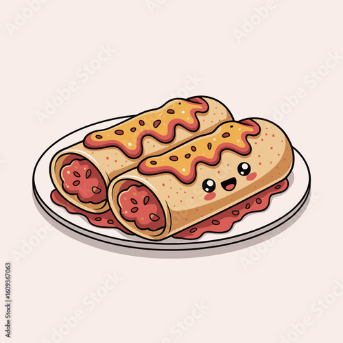 Cute Cartoon Enchiladas with Smiling Face, Plate