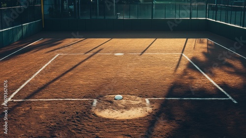 Empty baseball diamond field at dawn, crisp white lines on red-brown dirt