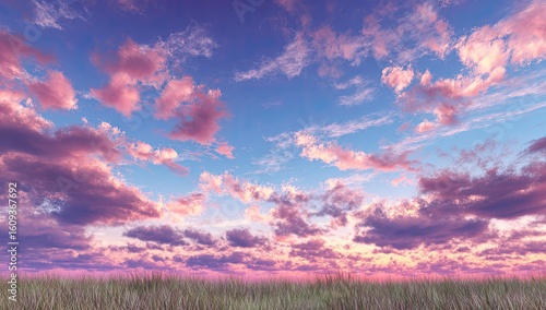 Fototapeta Naklejka Na Ścianę i Meble -  Panoramic sunset sky over grassy field
