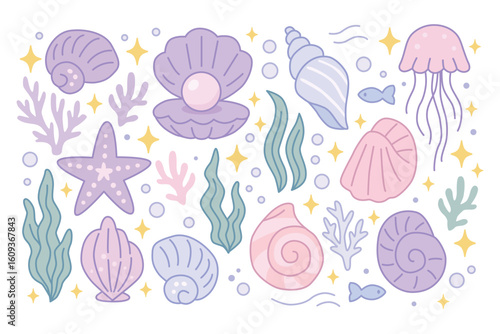 Hand-drawn pastel underwater set with seashells, corals, starfish, jellyfish, seaweed. Cute ocean-themed simple flat vector illustration on white background in soft colors. Summer stickers for kids