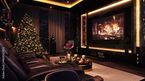 Festive home theater with Christmas tree and city view on screen