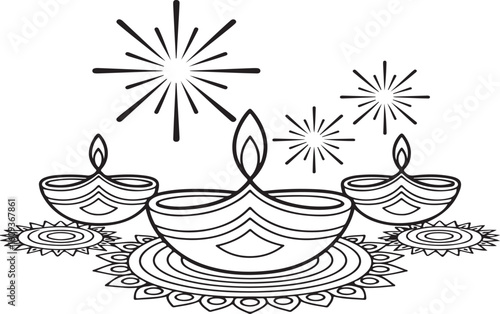 Diwali Celebration Outline with Diyas and Fireworks for Coloring Page
