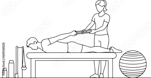 Physical therapist assisting patient with resistance band exercises on treatment table outline