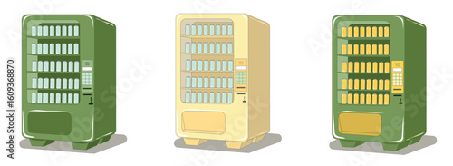 Green and yellow beverage vending machines. Vector illustration