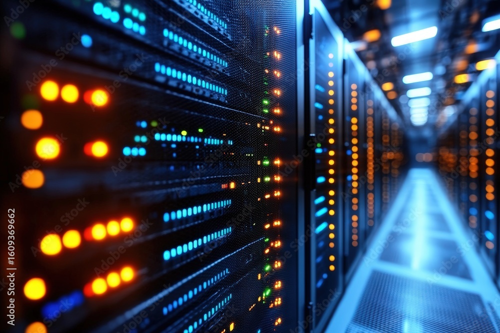 A close-up view of a server room with illuminated LED indicators on computer racks in a data center corridor. A close-up view of a server room with illuminated LED indicators on computer racks in a data center corridor.