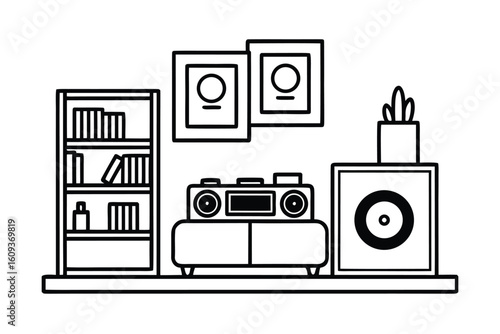 Retro Modern Living Room With Record Wall And Turntable