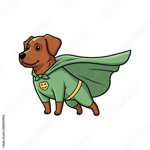 Adorable Brown Dog Superhero Wearing a Green Cape and Suit Ready for Action