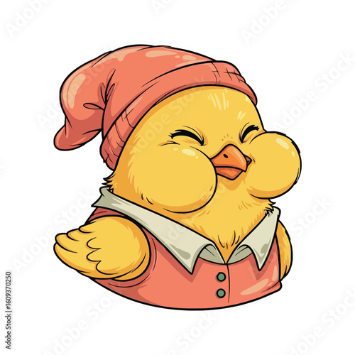 Adorable Cute Chick in a Pink Hat and Vest with Puffed Cheeks Vector Sticker