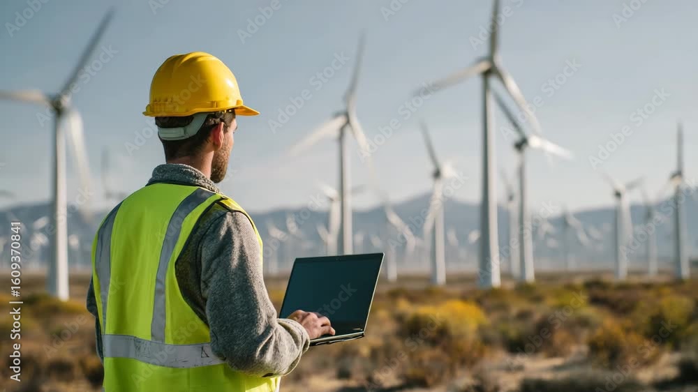 Engineer inspecting wind turbines with laptop in wind farm Engineer inspecting wind turbines with laptop in wind farm
