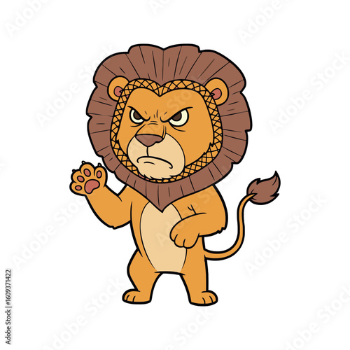 Cute Cartoon Lion King of the Jungle Standing Fiercely Showing its Paw as a Vector Sticker Graphic
