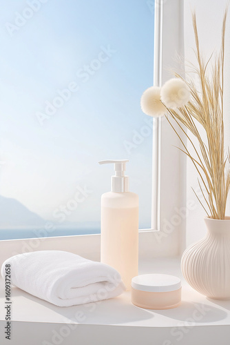 하늘색뷰와 심플한 화장품 무드