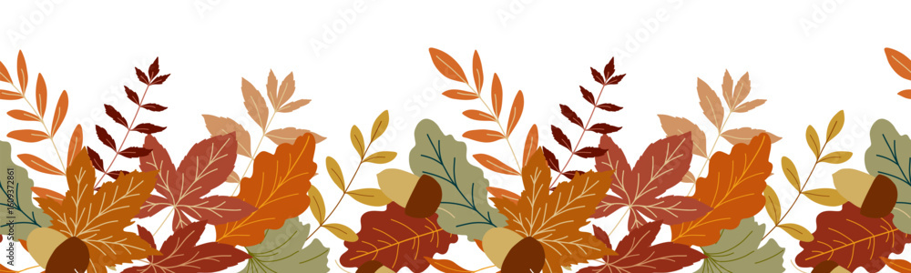 Fototapeta premium Fall leaves illustration. Seamless Autumn leaves on white background. Fall graphics for holiday cards, templates, thanksgiving design. Leaf Flat illustration