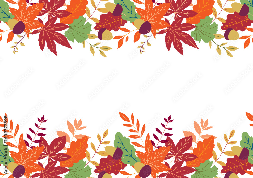 Fototapeta premium Fall leaves illustration. Seamless Autumn border on white background. Fall graphics for holiday cards, templates, thanksgiving design. Leaf Flat illustration