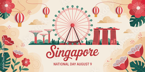 Singapore National Day August 9 celebration with iconic skyline, Marina Bay Sands, Supertree Grove, hot air balloons, and festive typography