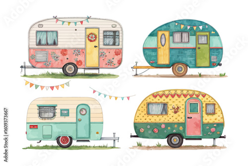 set of watercolor camper Trailer vector illustration isolated on white background