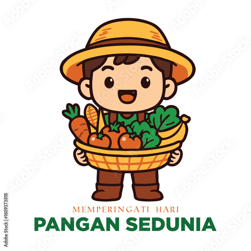 World Food Day A Cheerful Character Harvesting Abundant Crops from the Garden