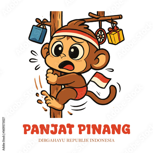 Independence Day Celebration A Playful Monkey Climbing the Greasy Pole Game