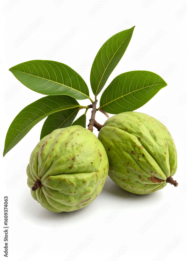 Obraz premium Two cherimoya fruits on a branch with green leaves, isolated on a white background.