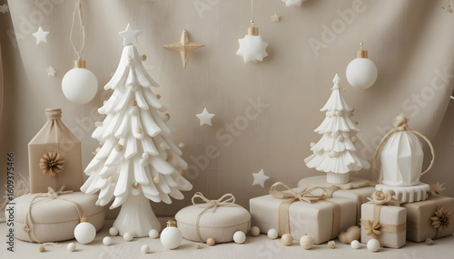 Wallpaper Mural Minimalist White Christmas Decor with Beige Accents.This image showcases a serene and elegant Christmas scene, featuring minimalist white decorative Christmas trees, ornaments, and gifts wrapped in be Torontodigital.ca