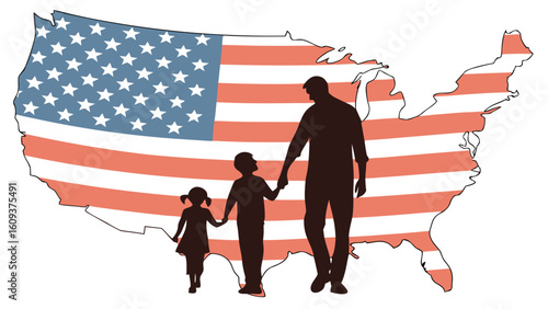 Silhouette of Parents Holding Child’s Hand—USA Map Background—Patriotic Family Concept
