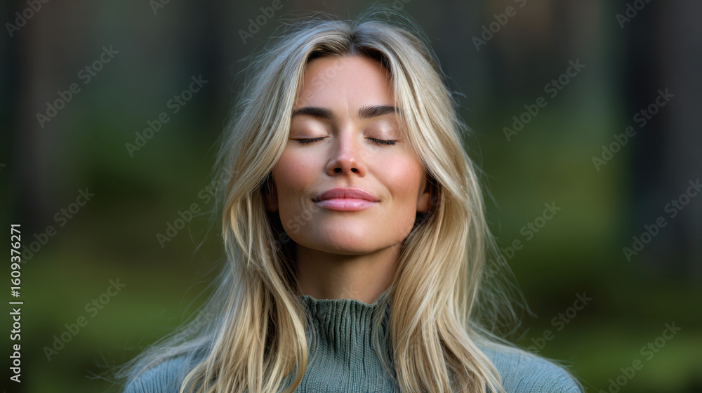 Naklejka premium Digital Detox Experience design. A serene woman enjoying nature with eyes closed.