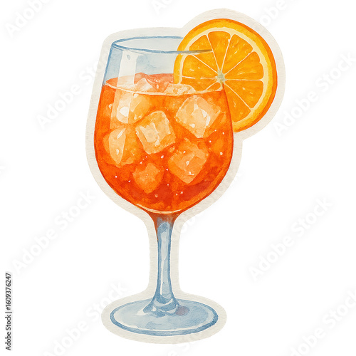 Glass of Aperol Spritz with ice cubes and orange slice. Isolated watercolor sticker with white border on transparent background. Classic Italian cocktail