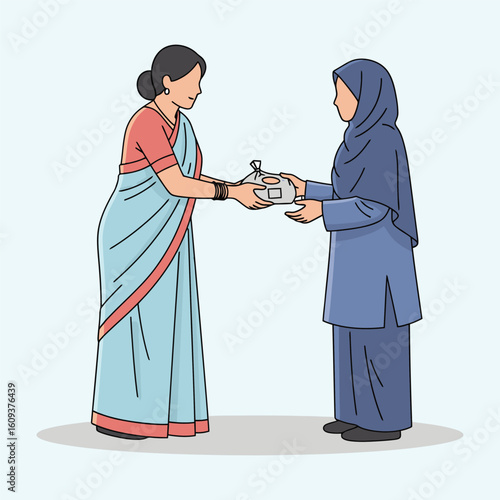 Woman donate foods to another women symbolizing  humanitarian, kindness. 