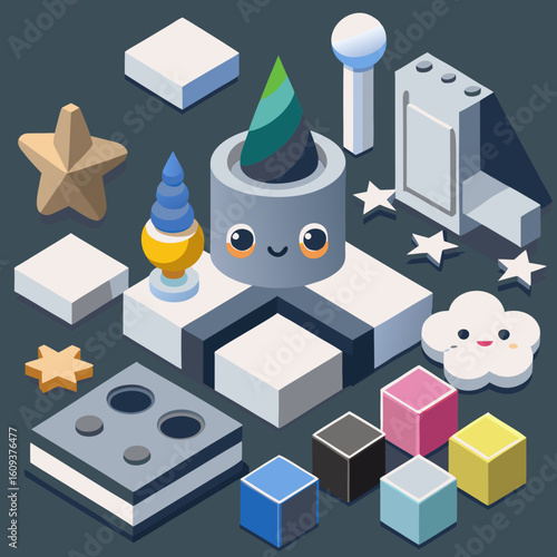 Quasi-3D objects in isometric projection for infographics.