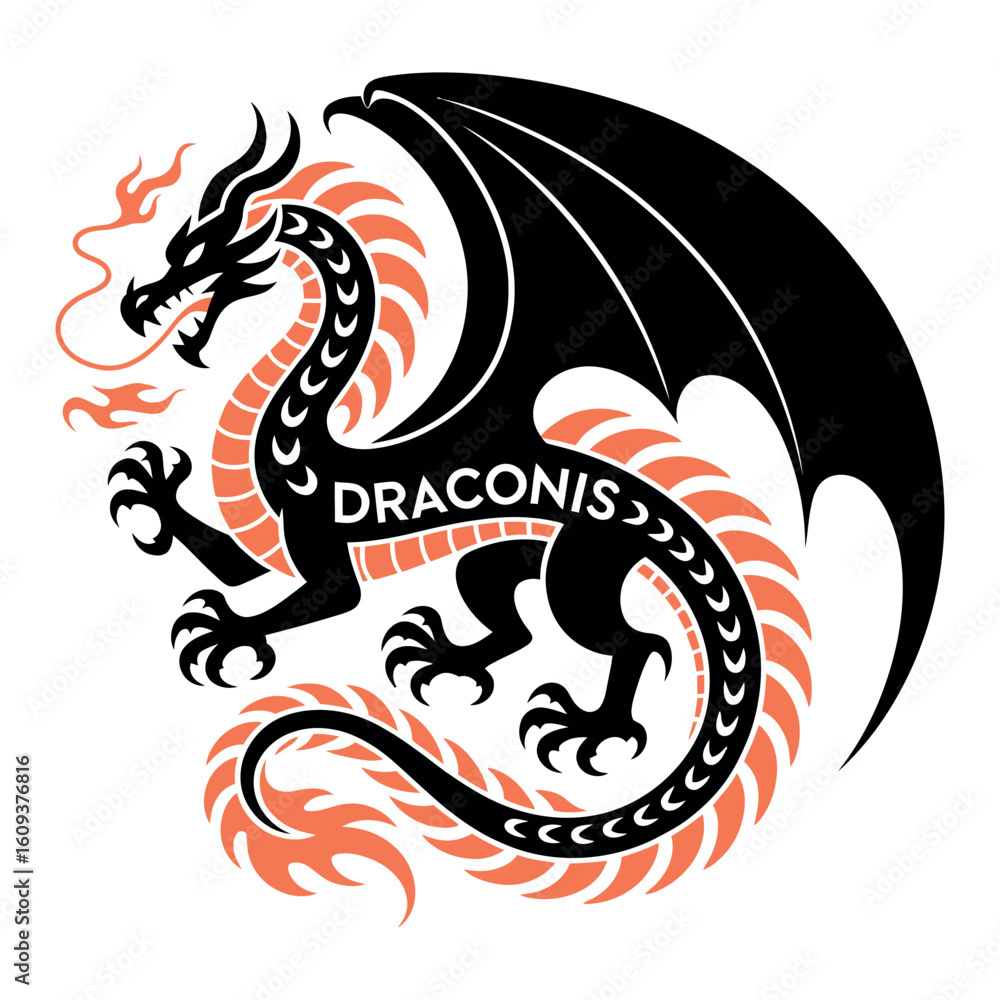 Fototapeta premium A traditional Japanese black dragon tattoo with a red ribbon