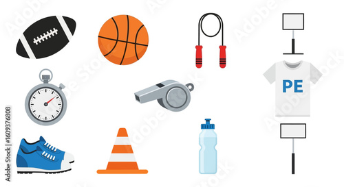 A collection of various sports equipment and items, including a football, basketball, and a stopwatch.