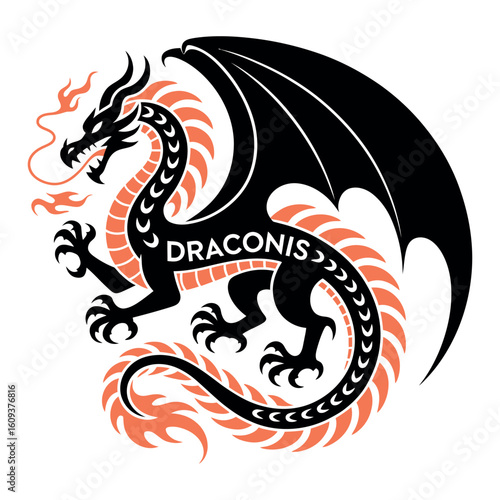 A traditional Japanese black dragon tattoo with a red ribbon