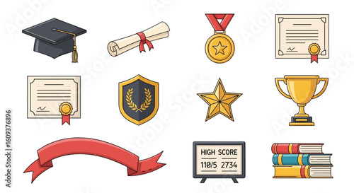 Vector set of sport and business icons with military and soviet flag emblems, red star, gold medal, and USSR victory ribbon decoration