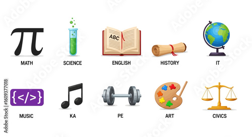 A collection of illustrated icons representing different school subjects and academic disciplines.