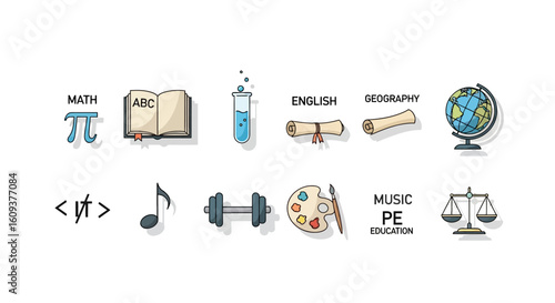 Collection of colorful educational icons, representing subjects like math, English, and music.