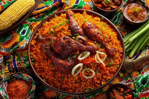 Colorful African Cuisine, Authentic Food Presentation, Ethnic Print Tablecloth, Overhead Shot