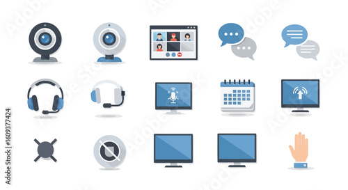 Collection of icons representing video conferencing, including webcams, headsets, monitors, chat bubbles, calendar, microphone mute, and a raised hand.