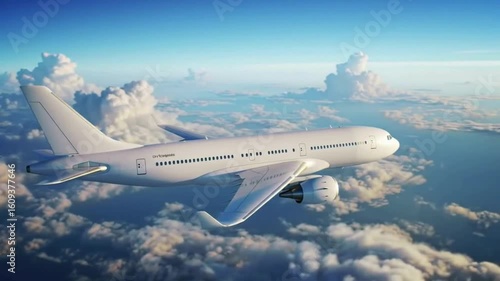 Cinematic animation of a stylized white airplane flying high above the clouds in a clear blue sky, camera gently orbiting from front to side as soft sunlight reflects off the aircraft in motion