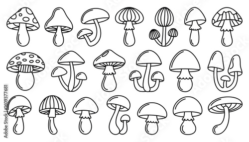 A vibrant vector set of Christmas icons shows a cartoon toadstool growing on a bed of forest grass