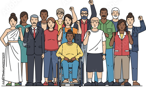 Diverse community group with raised fists and wheelchair user