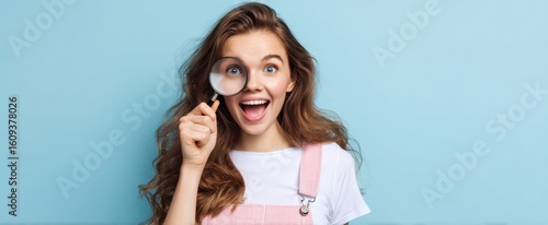 The young girl joyfully exploring with a magnifying glass on a blue background.