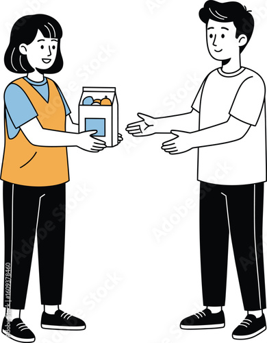 Woman donating aid box to needy person