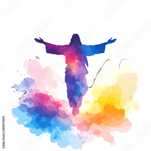 Ascending Jesus Christ silhouette with open arms, filled with a vibrant, colorful watercolor texture.