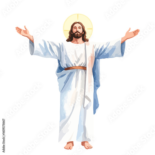 Resurrected Jesus Christ, arms outstretched, wearing a flowing white robe with a light blue mantle, halo above his head, peaceful expression.