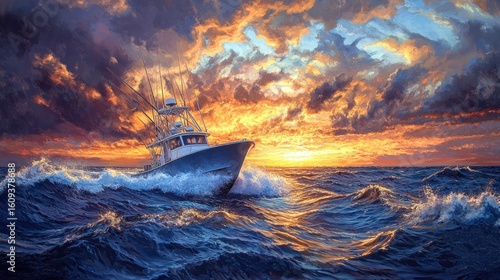 Fishing boat sails on rough ocean waves at sunset, colorful dramatic sky above