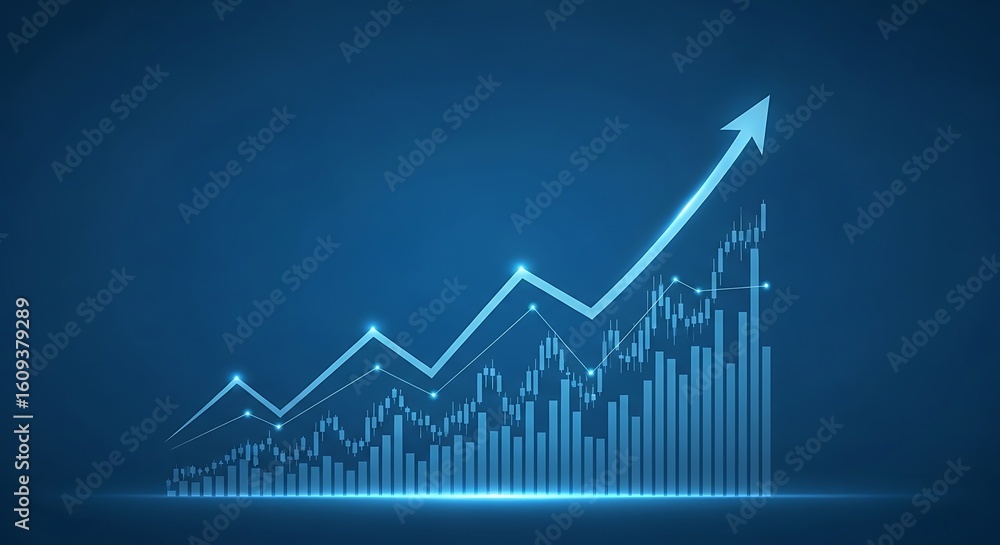 Fototapeta premium Financial Growth Chart with Upward Arrow on Blue Background Illustrating Success