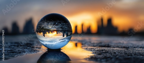 Crystal ball reflecting a city sunset