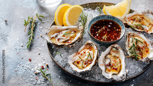 Fresh oysters with lemon and chili sauce on a rustic plate  