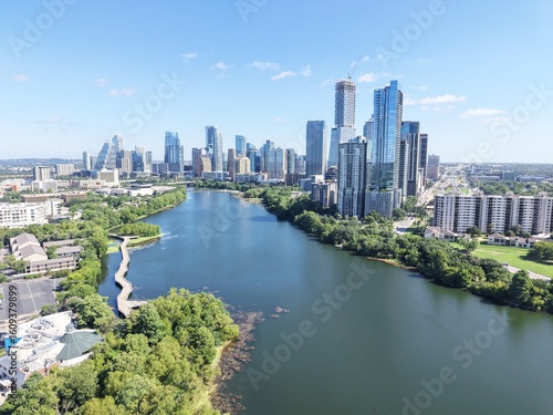 Beautiful Austin skyline downtown morning with a stunning aerial drone view