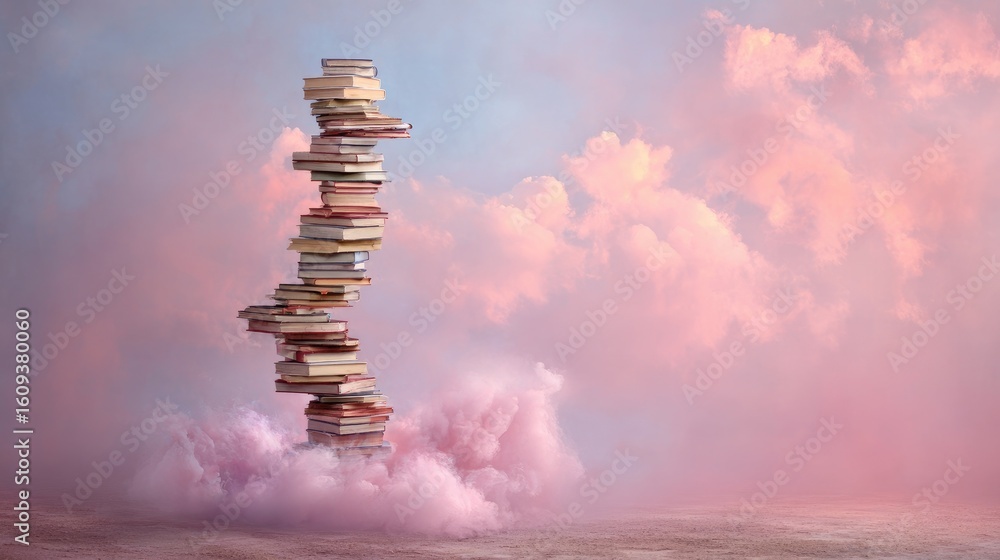 Obraz premium Towering stack of books floating in a cloud.