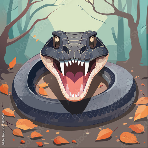 Fierce cobra poised to strike with open mouth and sharp fangs amidst autumn forest leaves